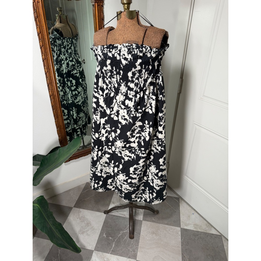 A New Day Black White Floral Smocked Strapless Midi Dress XXL Cotton Rayon